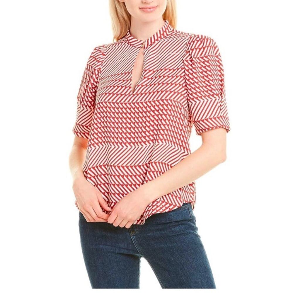 Joie Enida Keyhole Short Sleeve Puff Half Sleeve Blouse Top Red Abstract Shirt S